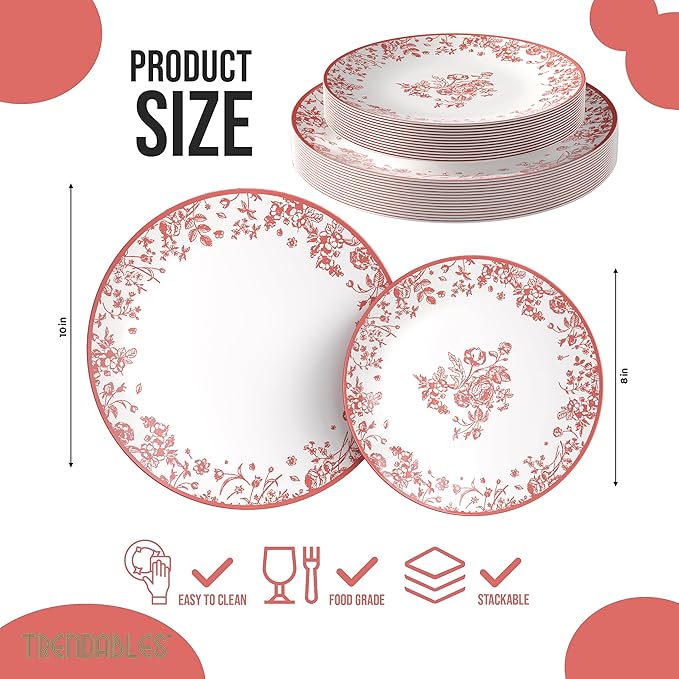 Trendables Plastic Plates For Party Supplies, Floral Disposable Plates For Party & Weddings 40 Pcs - 20 x 8 Dessert Plates & 20 x 10 Plastic Dinner Plates, Plate Set Disposable Dinnerware Sets