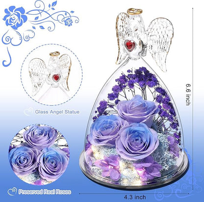 Mothers Day Rose Gifts for Women, Large Angel Figurines with Real Roses, Preserved Real Flower Rose for Her - Purple Blue