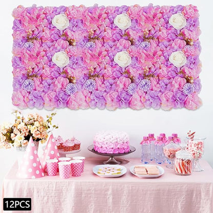 12Pcs Artificial Flower Wall Panel 3D Floral Backdrop Wall 15" X 15" Flower Panel Decor Flower Backdrop Faux Rose Panels for Party Home Background Decor, Pink