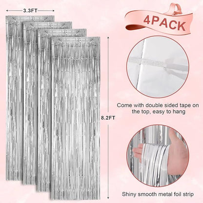 4 Pack Silver Foil Fringe Backdrop Curtains, Tinsel Streamers Birthday Party Decorations, Fringe Backdrop for Graduation, Baby Shower, Gender Reveal, Disco Party