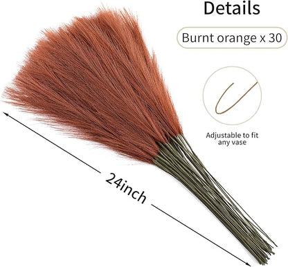 Burnt Orange Pampas Grass - 30pcs 24 Inch Artificial Pampas Grass Decor, Tall Pampas Grass for Floor Vase, Table Centerpieces, Wedding, Party and Fall Decor (Burnt Orange, 30 Pieces)