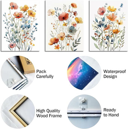 Watercolor Flowers Bathroom Canvas Wall Art, Colorful Wildflower Wall Decor Poster Prints Botanical Artwork for Living Room Bedroom Bathroom Farmhouse Decor 16x24x3pcs
