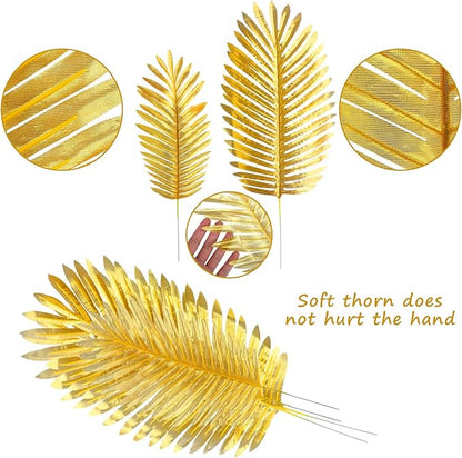 CCINEE 12 PCS Golden Artificial Palm Leaves, Assorted Sizes Faux Large Palm Fronds Fake Tropical Plant Simulation Safari Leaves with Stems for Home Hawaiian Luau Party Jungle Beach Theme Party