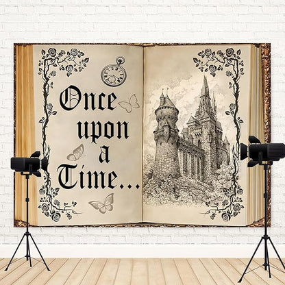 12x10ft Once Upon a Time Backdrop Fairy Tale Books Castle Princess Photography Background Once Upon a Time Birthday Baby Shower Decoration Storybook Wedding Party Banner