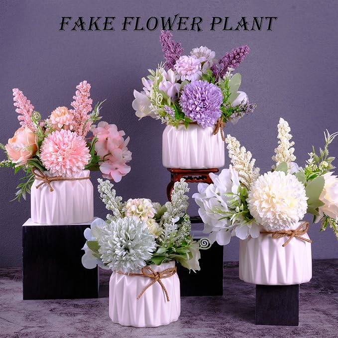 Artificial Potted Flowers Pink, Small Ceramic Vase Fake Flower Plants Desktop Decoration Indoor for Home and Office, Faux Flowers Hydrangea Decora for Table,Bookshelf,Bedroom,Living Room,Party.(Pink)