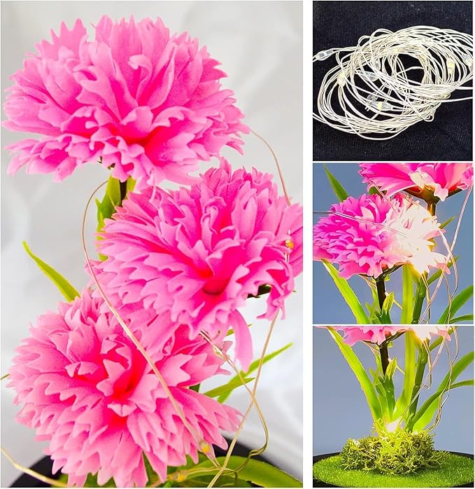 QUELIEN Christmas Carnation Flowers Gifts for Mom,Pink Artificial Carnation in Glass Dome with Led Light for Mother's Day,Birthday,Christmas (Pink)