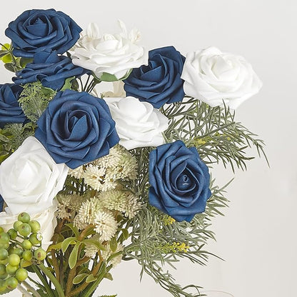 Artificial Flowers, 25pcs Blue and White Fake Flower for DIY Wedding Bouquets Centerpieces Arrangements, Artificial Rose with Stem for Party Home Decorations