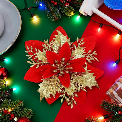 24 PCS Poinsettia Flower Artificial Red Gold Christmas Flowers Artificial 5.5'' Glitter Poinsettias Artificial Christmas Tree Flower With Clips Diy Xmas Wreath Holiday New Year Home Party Decor
