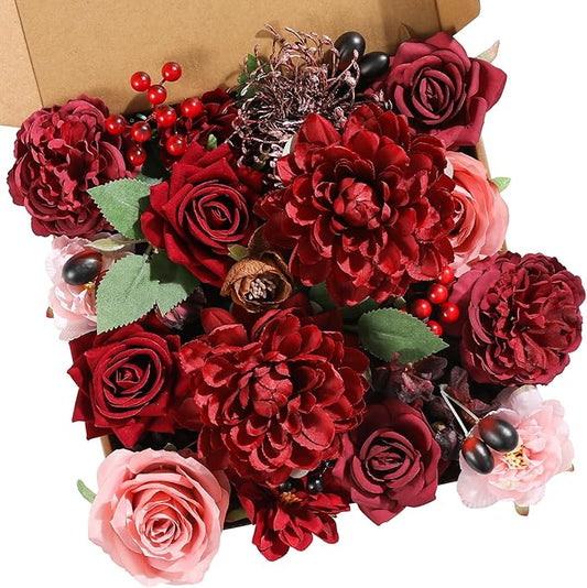 Artificial Flowers Combo Box Set Burgundy Silk Flowers for DIY Wedding Bouquet Arrangements Bridal Shower Party Home Decorations (Mature Burgundy)