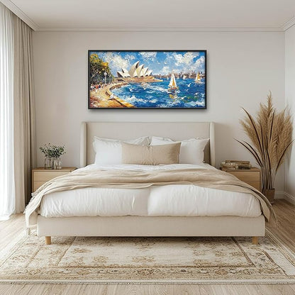 Sydney Opera House Large Wall Art Beach Boat Pictures Wall Decor Coastal Canvas Seascape Print Painting Modern Artwork Home Decoration for Living Room Bathroom Bedroom Office Framed 60"x30"