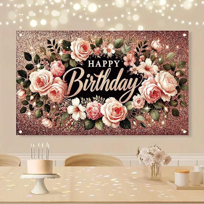 Happy Birthday Backdrop Banner Rose Gold Glitter Floral Photography Background for Women Girls Lady Wedding Baby Shower Birthday Supplies Photo Props Party Decorations Cake Table 6x4ft
