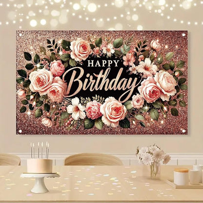 Happy Birthday Backdrop Banner Rose Gold Glitter Floral Photography Background for Women Girls Lady Wedding Baby Shower Birthday Supplies Photo Props Party Decorations Cake Table 6x4ft