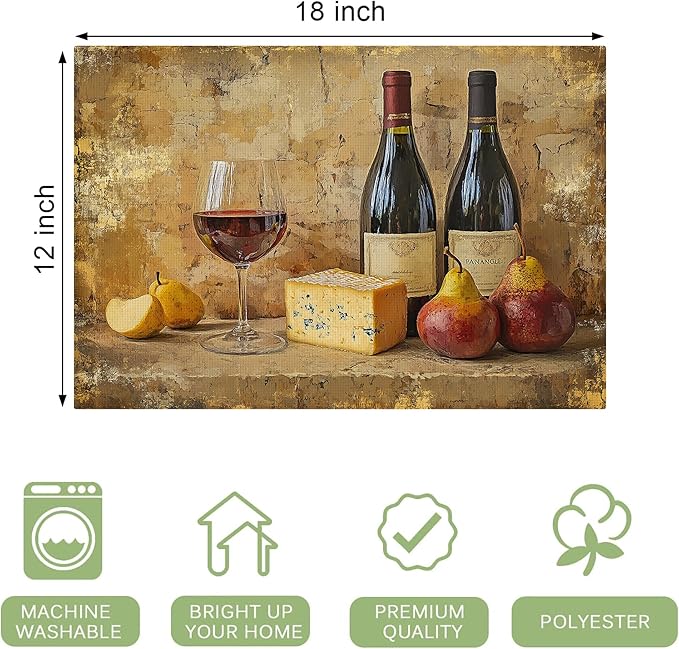 Retro Red Wine Placemats Set of 6 Washable Table Mats Vintage Mid Century Heat-Resistant Cotton Linen Place Mats for Dining Table Kitchen Indoor Outdoor Party Holiday Décor