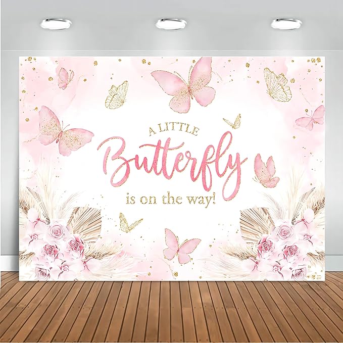 Mocsicka Butterfly Baby Shower Backdrop for Girl's A Little Butterfly is on The Way Pink Florals Flowers Photography Background Princess Girl Party Decoration Photography Props (7x5ft, Pink)