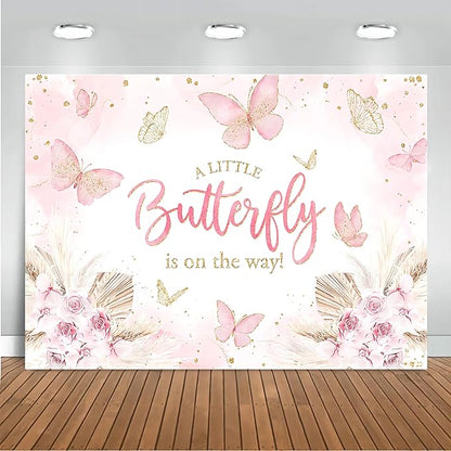 Mocsicka Butterfly Baby Shower Backdrop for Girl's A Little Butterfly is on The Way Pink Florals Flowers Photography Background Princess Girl Party Decoration Photography Props (7x5ft, Pink)