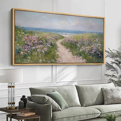 SIGNFORD Extra Large Framed Canvas Print Wall Art Seaside Path with Wildflowers Coastal Landscape Illustrations Modern Art Relax/Calm Warm for Living Room, Bedroom, Office - 60"x30"