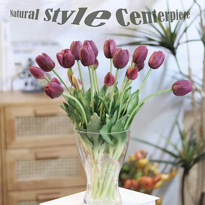 20pcs Artificial Tulip Flowers,16 Inch Real Touch Tulip Stems with Faux Leaves, Faux Tulips and Buds for Home Décor Centerpiece Ornament Wedding Bouquet,Deep Purple