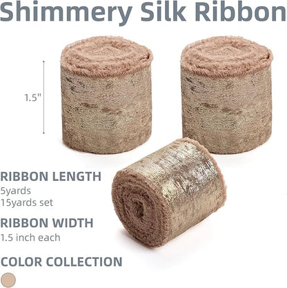 Light Brown Silk Chiffon Ribbon,Frayed Shimmery Silk Ribbon for Bridal Flower Bouquet Christmas Gift Wrapping Wedding Decor Invitations Decorations 1.5" x 15 Yards (5Yards X 3 Rolls)