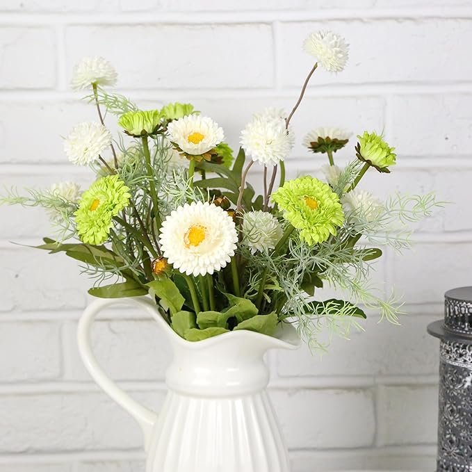 Fake Flowers Artificial Daisy Flowers Daisies and Kiku Flowers Chrysanthemum Bouquet with Rosemary Sprigs for Florals Arrangements Table Centerpieces Spring Flower Decor (White & Green)