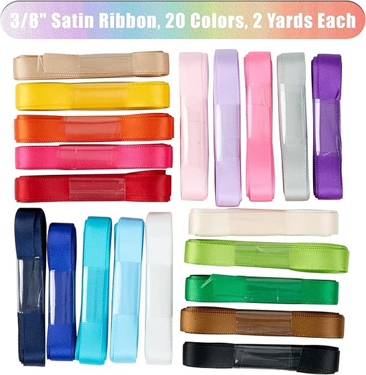 Satin Ribbon 3/8 Inch Assorted 20 Colors x 2 Yards Each Thin Colorful Craft Ribbon for Gift Wrapping, Hair Bows, Flower Bouquet, Wedding Decoration, Birthday Party 40 Yards Total