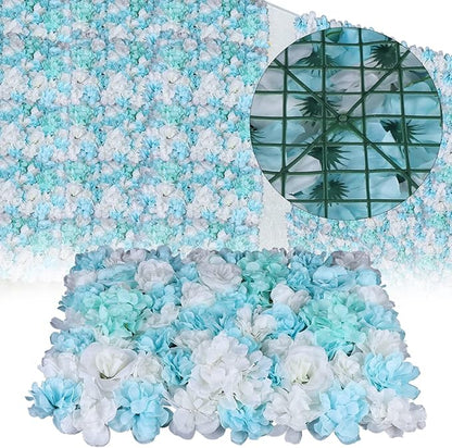 12PCS Flower Wall Panels, 3D Silk Floral Wall Backdrop, Realistic Blue Rose Hydrangea Flower Backplanes, Roll Up Fake Flower Background for Valentines Wedding Party Home Decoration