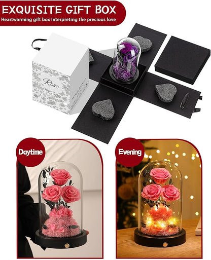 Christmas Flowers Roses Gifts for Mom,Forever Real Preserved Roses in Glass Dome,Christmas Anniversary Thanksgiving Gifts for Wife Girlfriend Women Best Friend GrandmaPink Rose