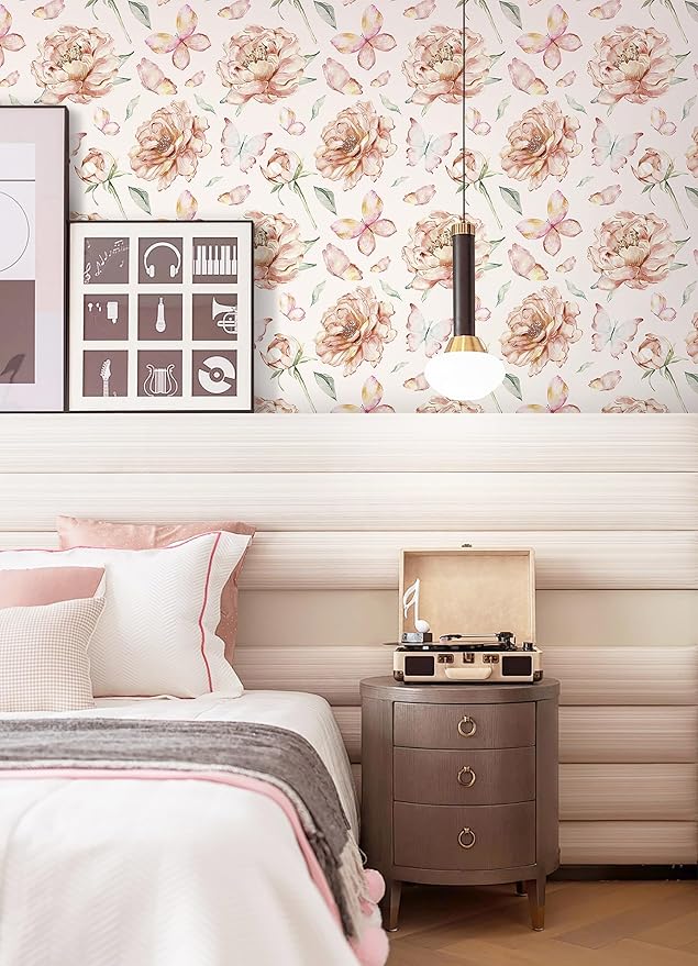 Safiyya Peel and Stick Wallpaper Floral Contact Paper for Cabinets and Drawers Modern Wall Paper Pink Peony Self Adhesive Removable Wallpaper for Bedroom Vinyl Rolls 78.7''×17.3"