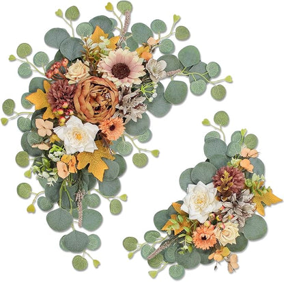 Artificial Wedding Arch Flowers for Wedding Sign,Set of 2 for Wedding Welcome Ceremony Sign,Faux Floral Swags,Wedding, Banquet and Reception Backdrop Floral Decoration (Coffee Orange)