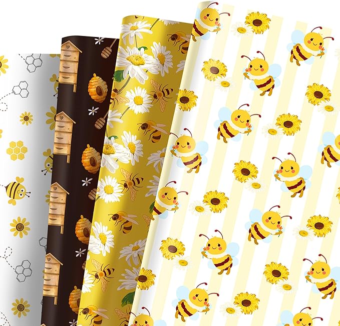 Jajajuegos 12 Sheets Bee Wrapping Paper Set - Yellow Black Bee Honeycomb Pattern - Gift Wrapping Paper for Winter Baby Shower, Birthday Party Decorations - 4 Designs, 20'' x 27''