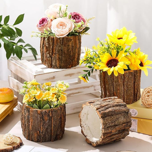6 Pcs Wooden Vase for Centerpieces Christmas Table Decor Wooden Flower Vase Rustic Bark Stump Buckets Vintage Wood Planter Pots for Xmas Woodland Party Wedding Window Home Farmhouse (Large)