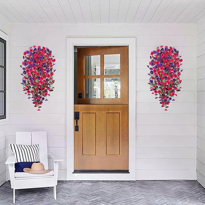 Artificial Hanging Flowers for Outdoor, 2pcs Fake Plants Long Vine Morning Glory Eucalyptus, Spring Summer UV Resistant Realistic Faux Greenery Indoor Outside Patio Porch Garden Decor, Rose Purple
