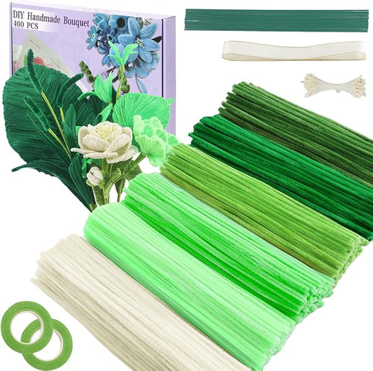 400 Pieces Pipe Cleaners Chenille Stems for Flowers Craft Supplies Bulk Fluffy Fuzzy Sticks for DIY Art Projects Creative Gift Wrapping Party Decorations(Green)