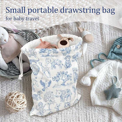 DSHFG Blue Birthday Drawstring Gift Wrap Bags, Safari Toile Chinoiserie Animals Baby Shower Drawstring Gift Bags Canvas, Blue and White Small Happy Birthday Bag, 10x13 Inch