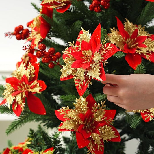 50pcs Glitter Poinsettia Christmas Ornaments, Artificial Flowers with Clips Stems for DIY Wreath Making, Holiday Home Party Decorations, Indoor Use (Red)