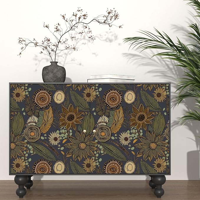 Boho Wallpaper Peel and Stick, Vintage Blue Yellow Floral Contact Paper 17.5" x 393", Botanical Flowers Antique Retro Absract Wall Paper Self Adhesive Removable Waterproof for Shelves Cabinet Table