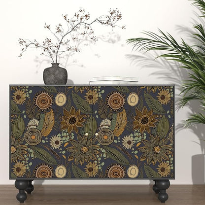 Boho Wallpaper Peel and Stick, Vintage Blue Yellow Floral Contact Paper 17.5" x 393", Botanical Flowers Antique Retro Absract Wall Paper Self Adhesive Removable Waterproof for Shelves Cabinet Table