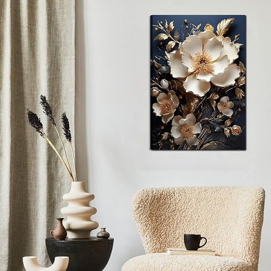 3D Abstract Flower Canvas Wall Art White Floral Texture Poster Prints Serene Blossoms Wall decor pictures for Bedroom and Bathroom Home Decorations Framed(16inx24in Canvas)