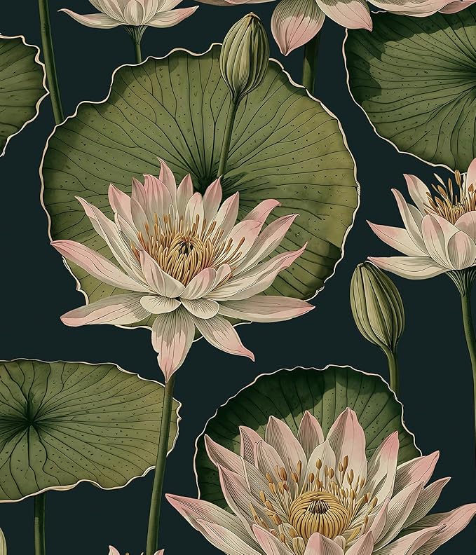 Orainege Vintage Floral Peel and Stick Wallpaper Floral Contact Paper 16.9"x393.7" Lotus Leaf Wallpaper Peel and Stick Self Adhesive Wall Paper for Bedroom Bathroom Covering Wall Decorative