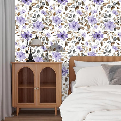 Purple Floral Peel and Stick Wallpaper Modern Contact Paper Waterproof Removable Self Adhesive Botanical Flower Wall Paper for Bathroom Bedroom Cabinets Vinyl Wallpaper 17.7" X 124"