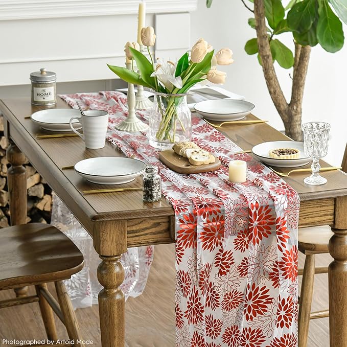 Artoid Mode Beige Red Dahlia Flower Gauze Table Runner 120 Inch 10FT, Glitter Metallic Foil Seasonal Sheer Dining Holiday Table Decor for Home Party