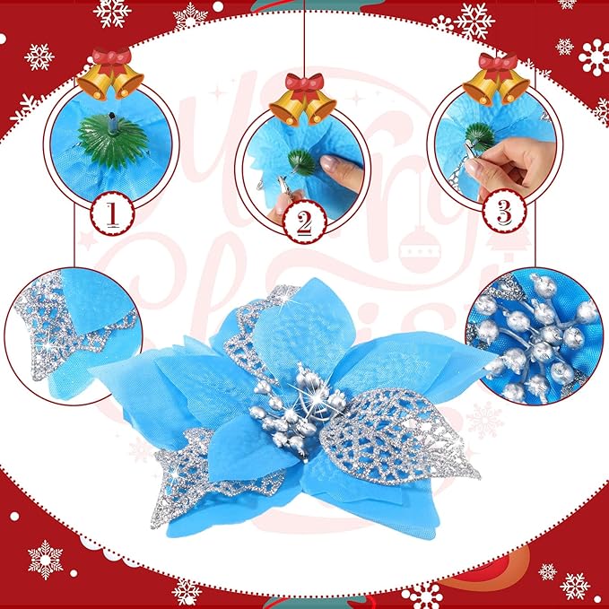 WILLBOND 36 Pieces Christmas Poinsettia Glitter Faux Flowers Christmas Artificial Flowers Tree Ornaments Topper Xmas Decorations(Lake Blue)