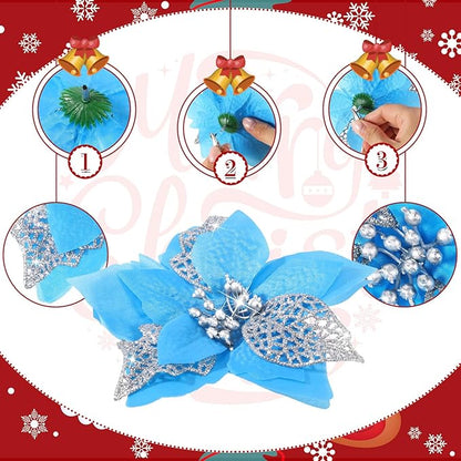 WILLBOND 36 Pieces Christmas Poinsettia Glitter Faux Flowers Christmas Artificial Flowers Tree Ornaments Topper Xmas Decorations(Lake Blue)