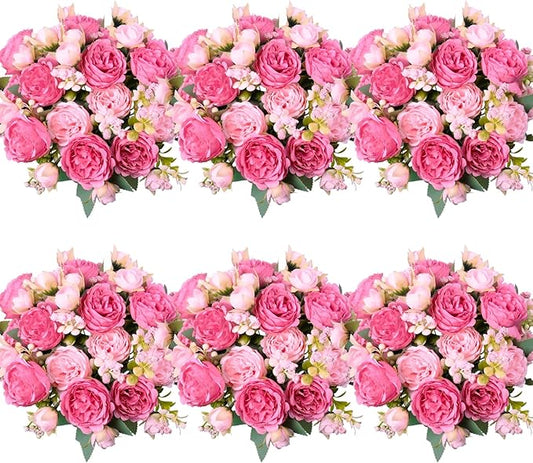 6 Pcs Peonies Artificial Flowers Bulk, Blush Pink Silk Peonies Fake Bouquet for Floral Centerpieces, Red Realistic Faux Peony Flower for Flower Arrangements Wedding Decoration vase