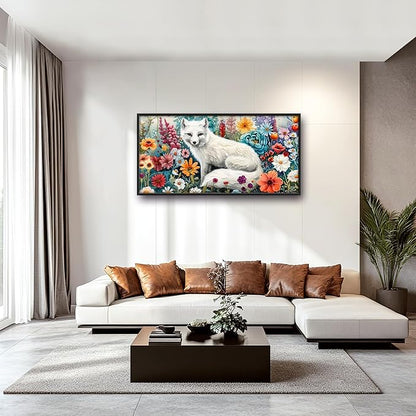Framed Large Pictures Wall Art for Living Room, White Fox Oversized Wall Decor Animal Floral Canvas Print Painting Modern Extra Large Framed Artwork for Bedroom Office 60"x30"