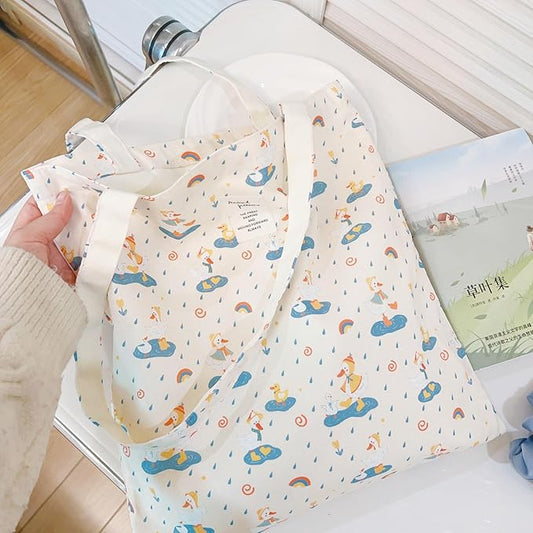 Cotton Canvas Tote Bag Reusable Soft Grocery Cloth Bag Floral Shoulder Bag for Beach Travel Shopping
