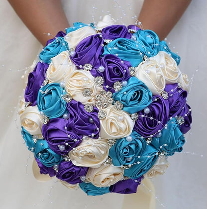 Bridal Wedding Bouquet Round Bling Brooch Bouquet Throw Toss Artificial Rose Flower Bunch for Bride Bridesmaid Wedding Quinceanera(Teal Blue, Purple & Cream, 7.5")