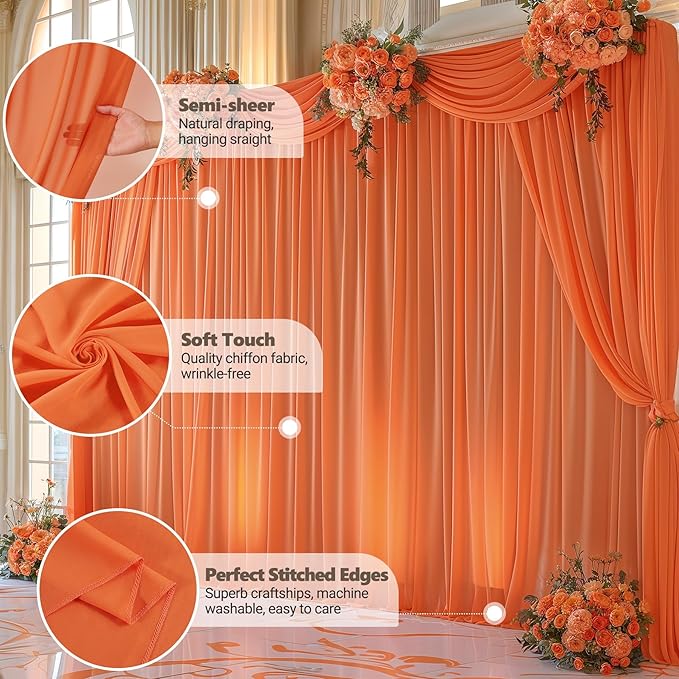 10ft x 10ft Orange Backdrop Curtains, Wrinkle-Free Sheer Chiffon Fabric Photo Backdrop Drapes for Wedding Arch Party Ceremony Stage Photography Decorations