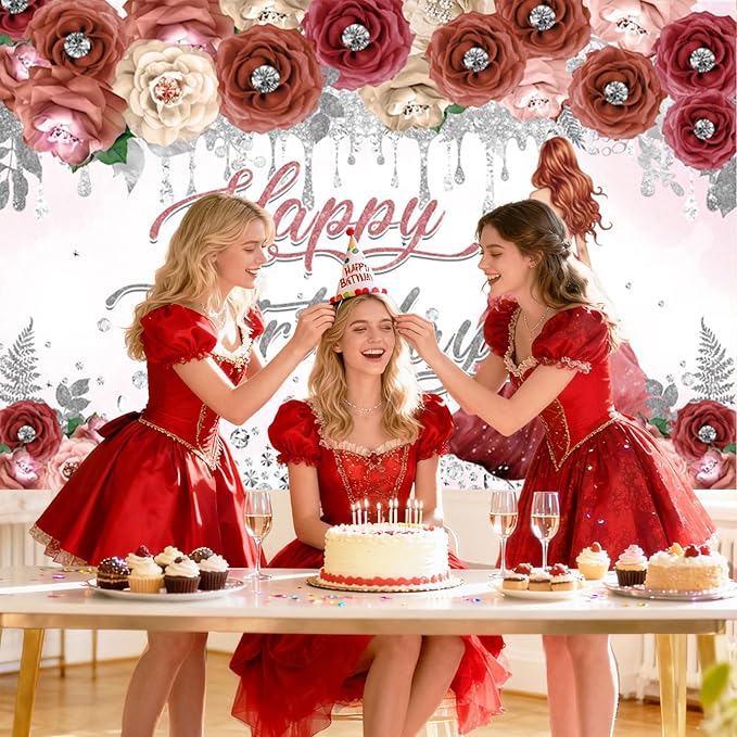 AOFOTO Happy Birthday Backdrop Red Beige Pink Rose Floral Diamond Print Photography Background for Women Girls Birthday Party Banner Home Wall Decor Photo Studio Booth Props 7x5ft