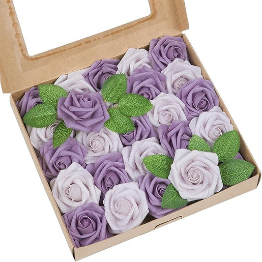 Meldel Artificial Flowers 25pcs Real Looking Dusty Violet Pale Lavender Foam Fake Roses with Stems for DIY Wedding Bouquets Bridal Shower Centerpieces Floral Arrangements Home Decorations Bulk Rose