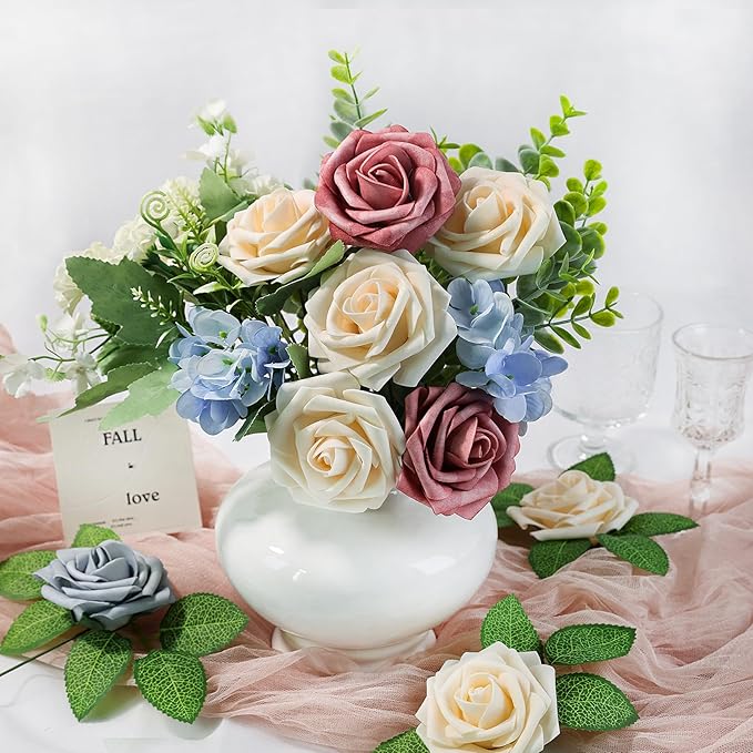 Meldel Artificial Flower 25pcs Real Touch Champagne Rose Fake Foam Roses with Stems for DIY Wedding Bouquets Gifts Bridal Shower Faux Floral Centerpieces Arrangements Home Party Tables Decorations